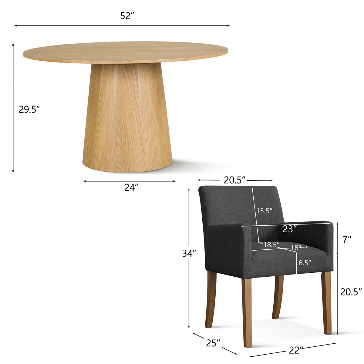 Orchid & North 52" Solid Oak Round Dining Table Set for 6 (7-Piece)