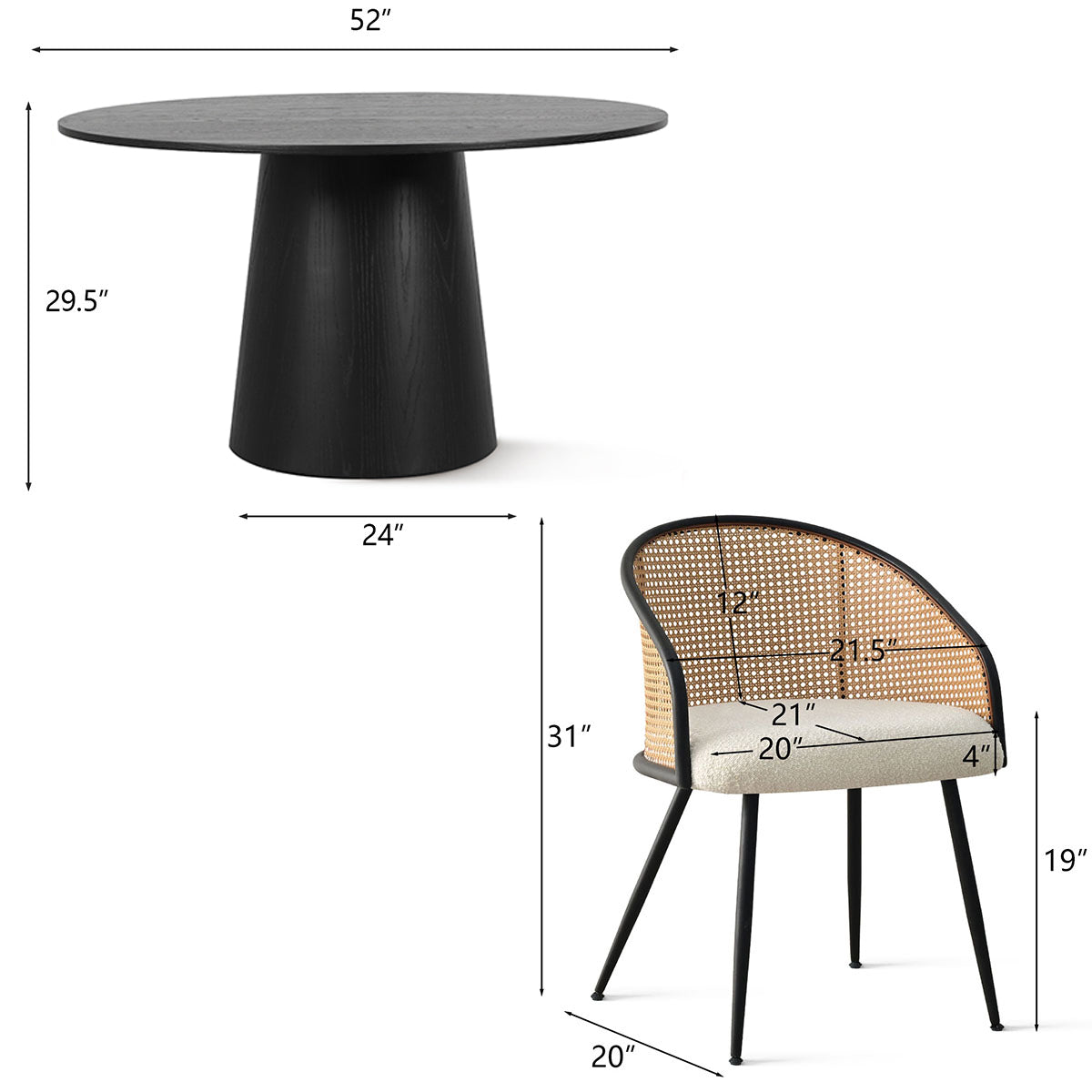 Orchid & Jules 52" Solid Oak Round Dining Table Set for 6 (7-Piece)