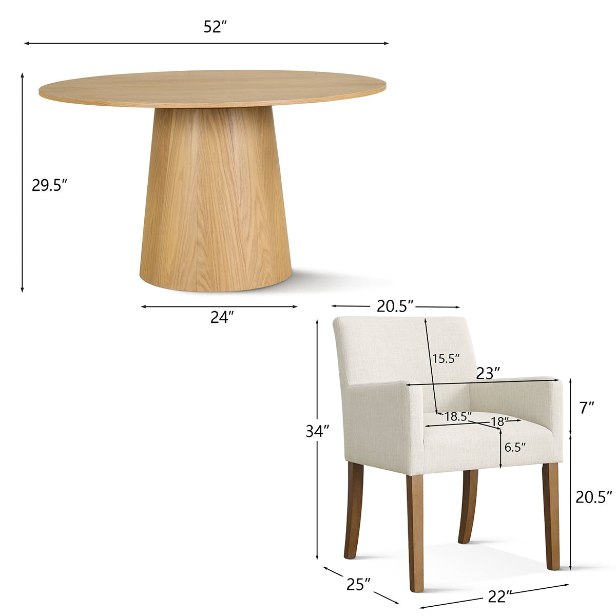 Orchid & North 52" Solid Oak Round Dining Table Set for 6 (7-Piece)