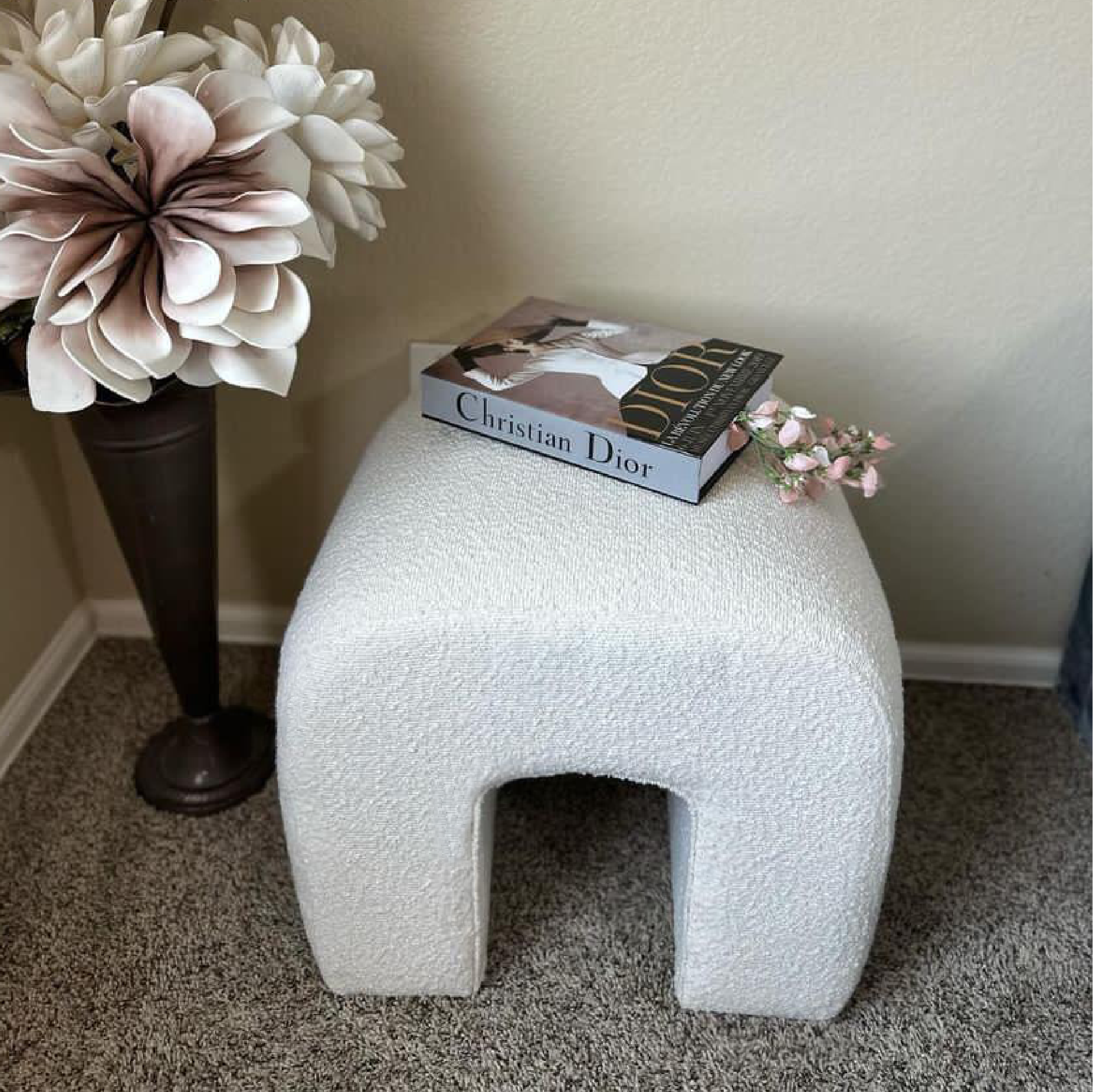 Lily 18'' Beige Boucle Upholstered Waterfall Ottoman (1-Piece)