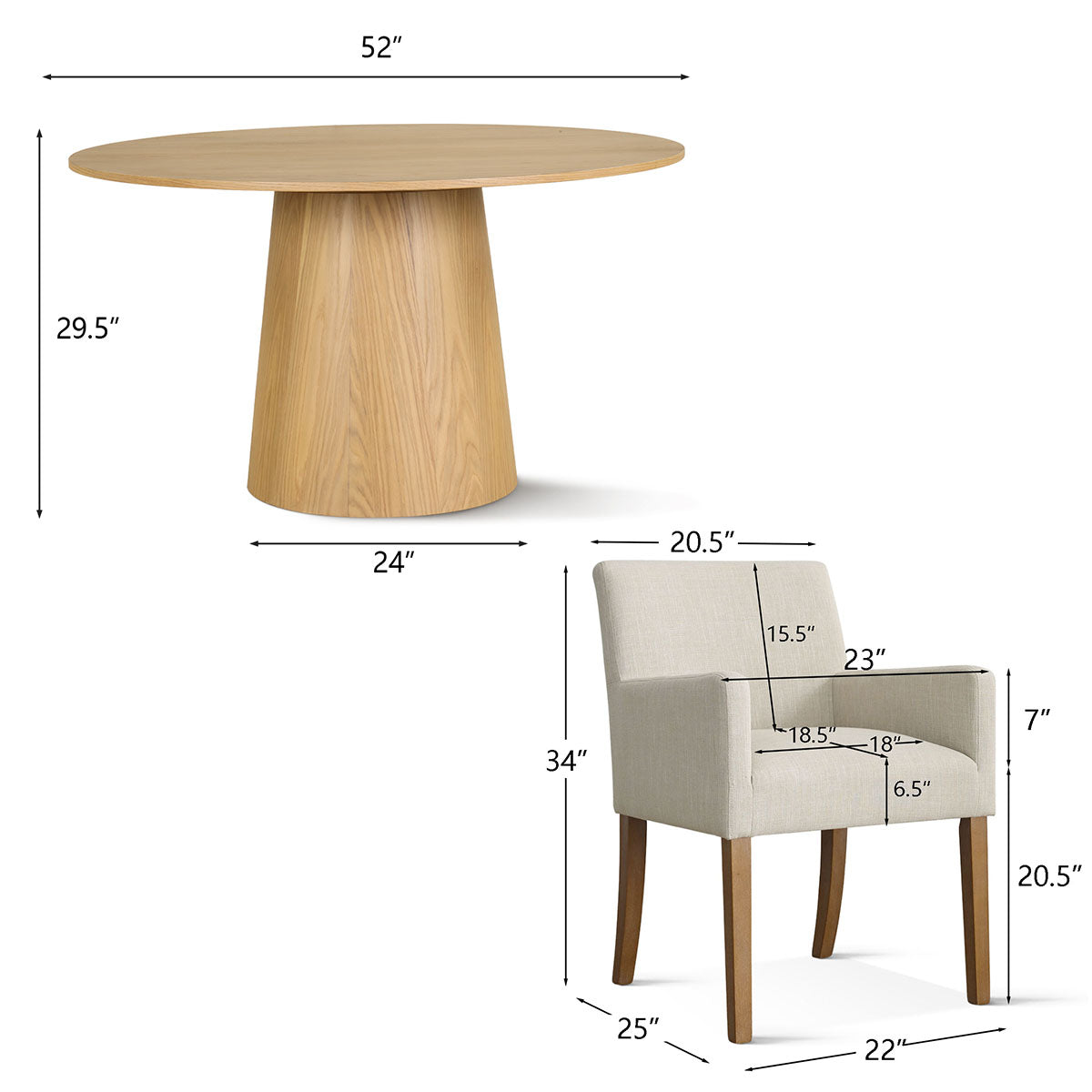 Orchid & North 52" Solid Oak Round Dining Table Set for 6 (7-Piece)