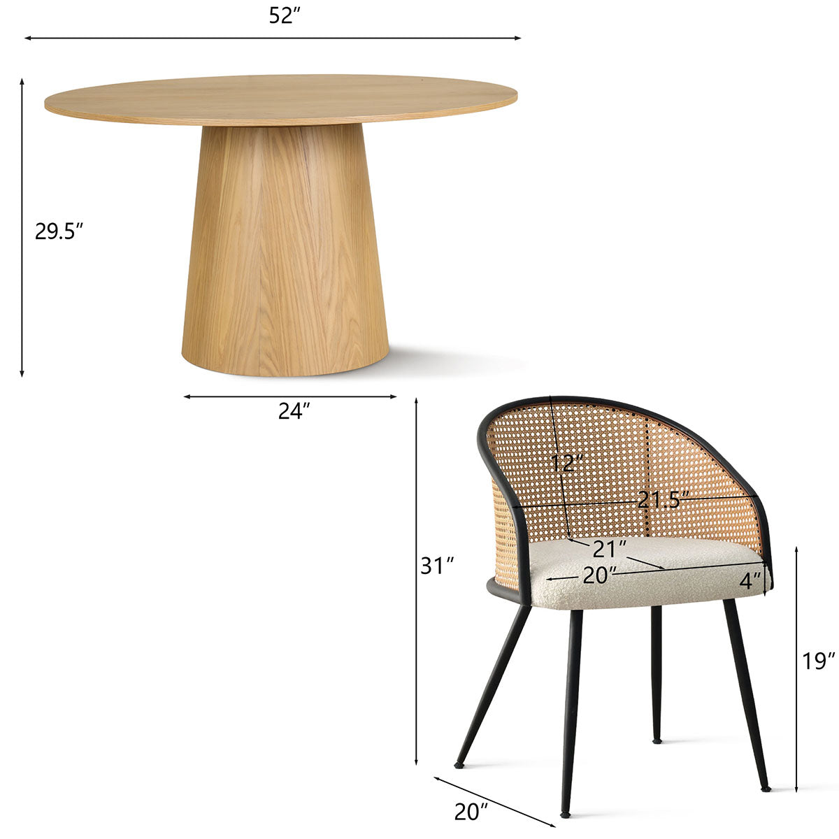 Orchid & Jules 52" Solid Oak Round Dining Table Set for 6 (7-Piece)