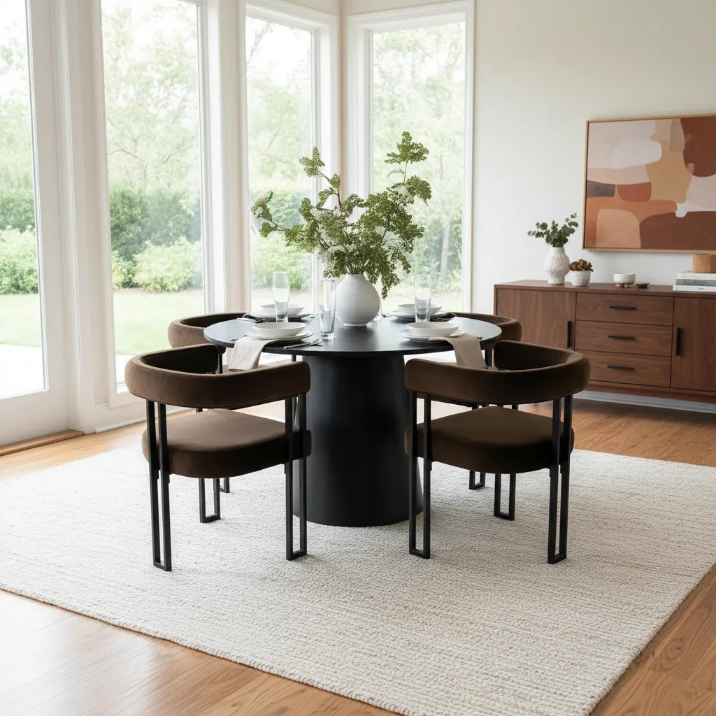 Dwen & Mia 46" Round Black & Velvet Dining Table Set for 4 (5-Piece)