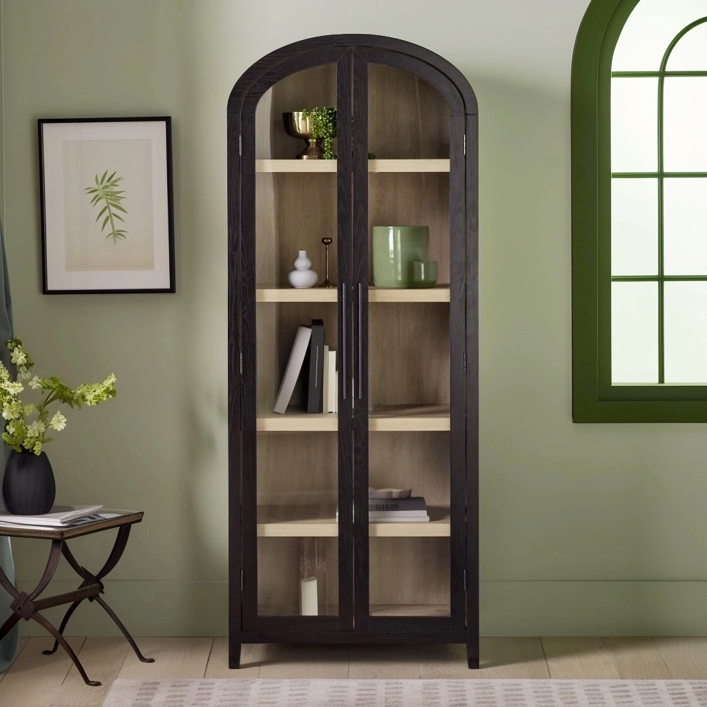 Parisian Modern 5 Shelf Arched Tall Bookcase with Glass Doors
