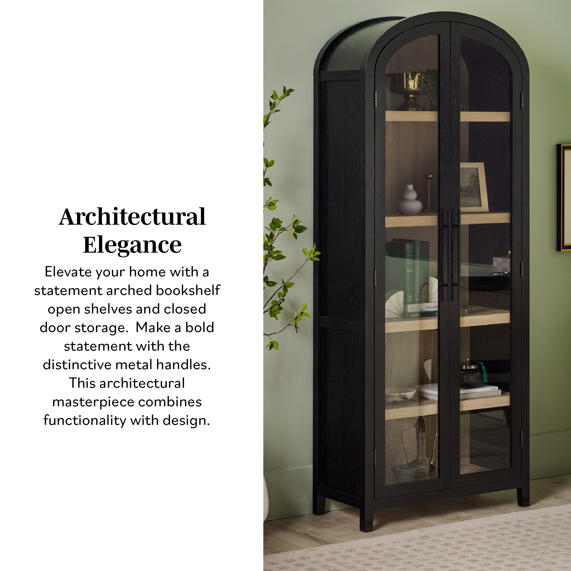 Parisian Modern 5 Shelf Arched Tall Bookcase with Glass Doors