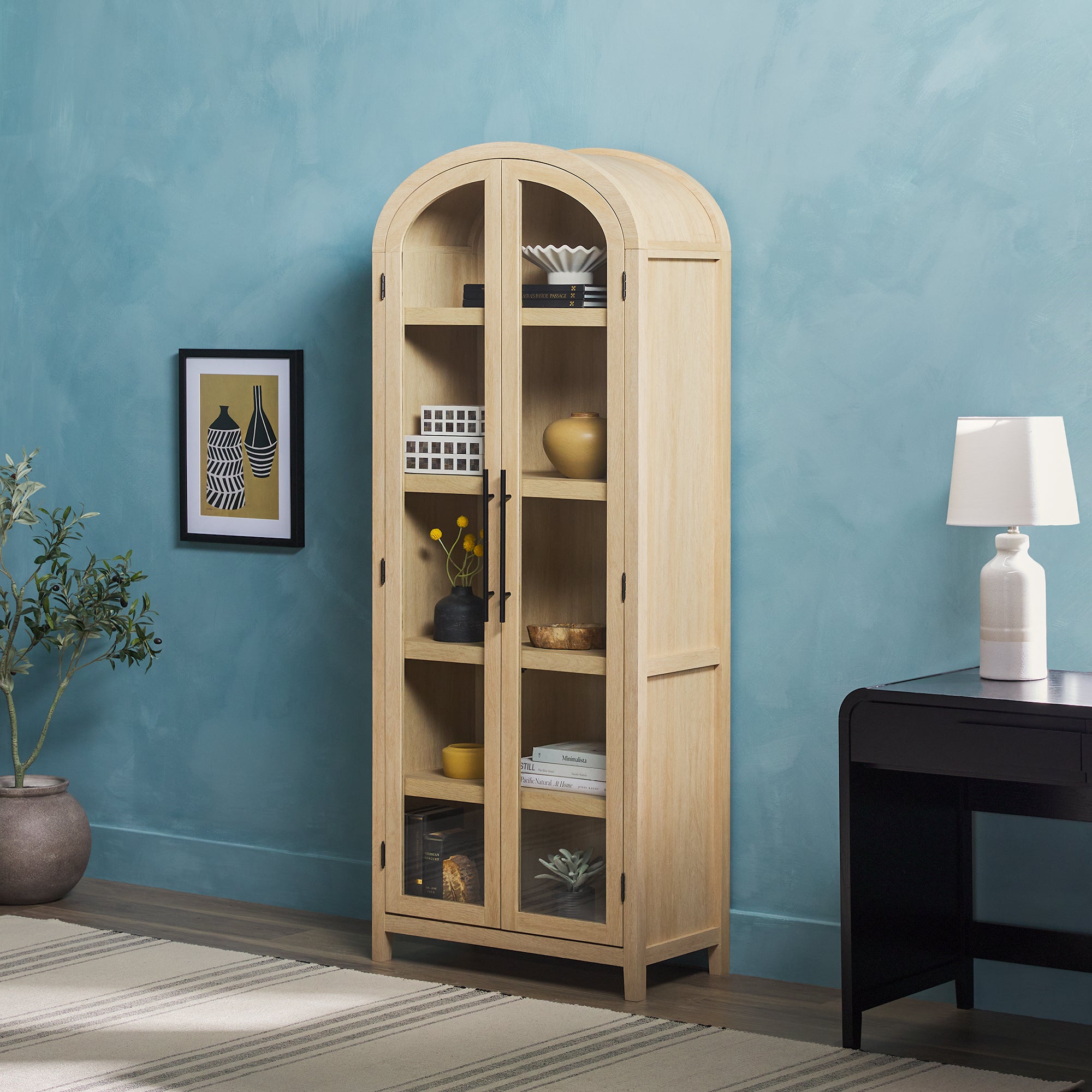 Parisian Modern 5 Shelf Arched Tall Bookcase with Glass Doors