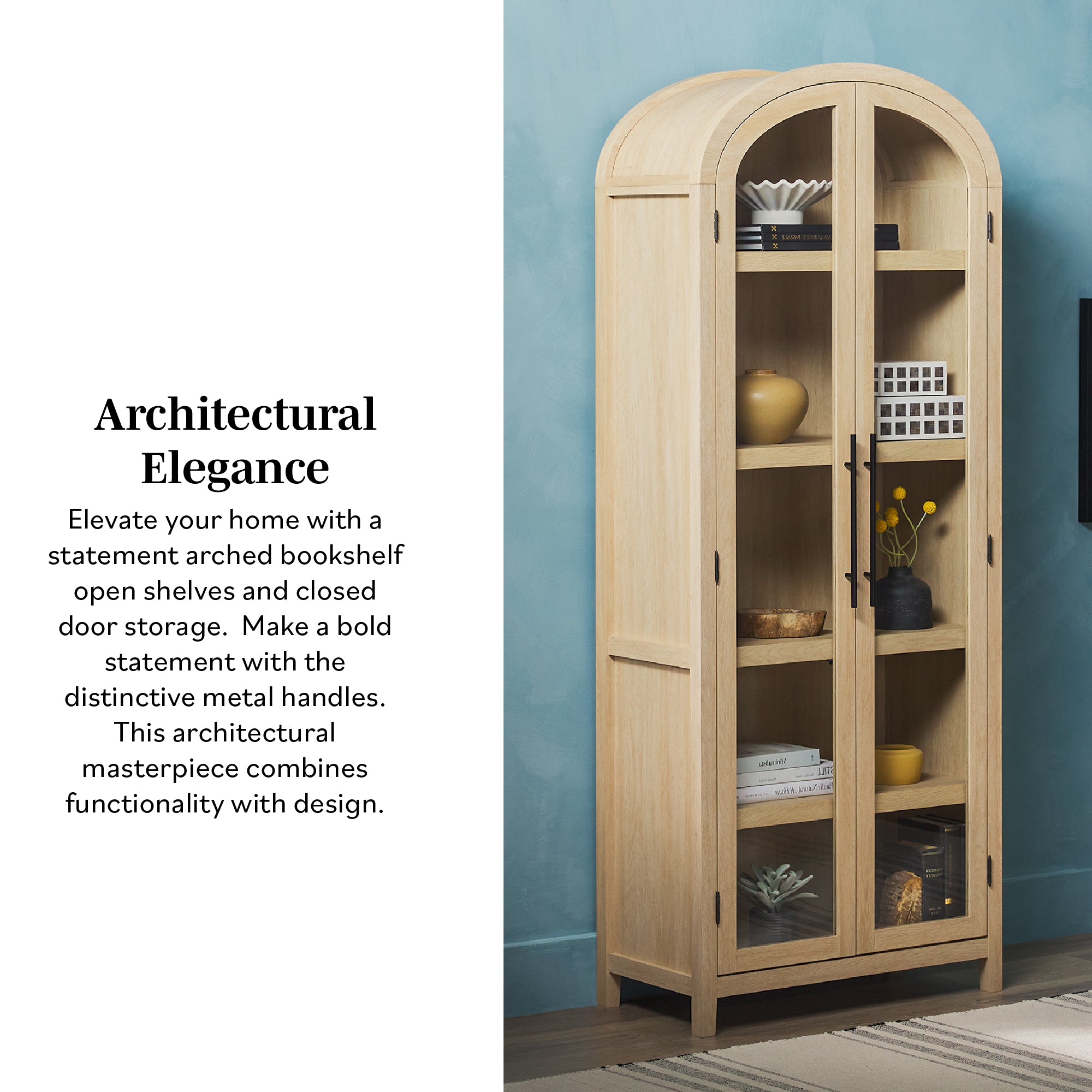 Parisian Modern 5 Shelf Arched Tall Bookcase with Glass Doors
