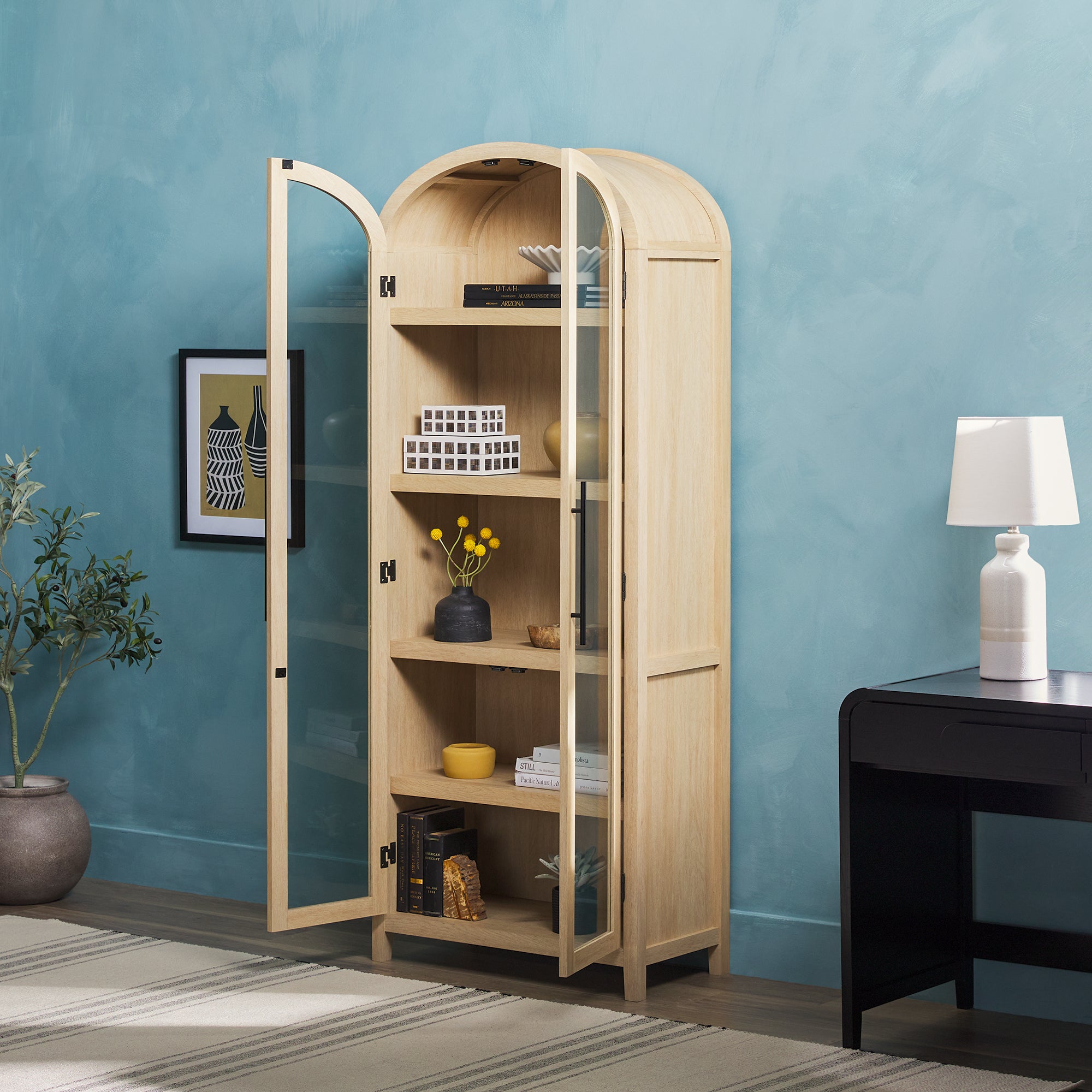 Parisian Modern 5 Shelf Arched Tall Bookcase with Glass Doors
