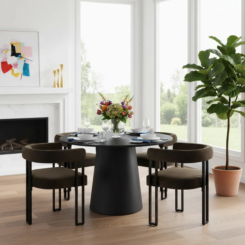Dwen & Mia 46" Round Black & Velvet Dining Table Set for 4 (5-Piece)