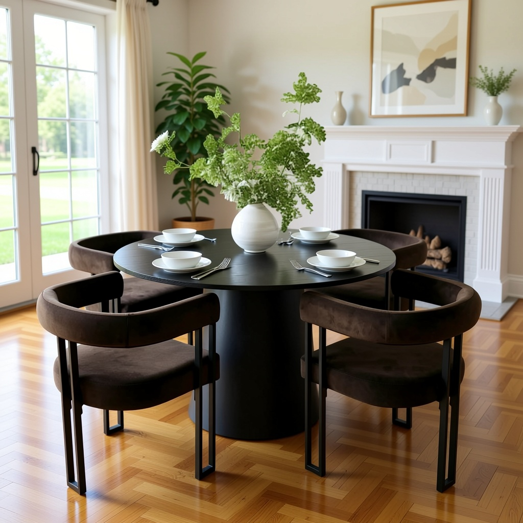 Dwen & Mia 46" Round Black & Velvet Dining Table Set for 4 (5-Piece)