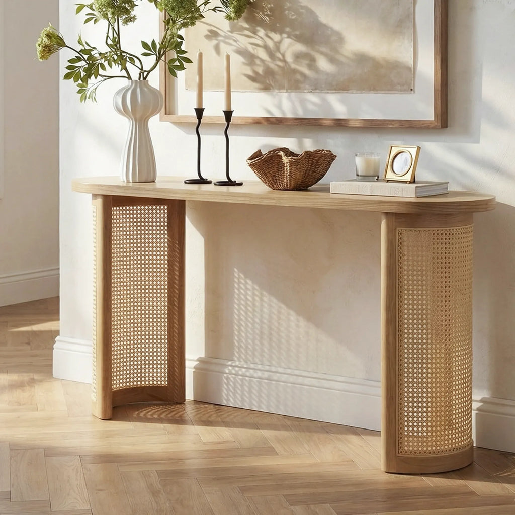 Aodai 60 Oak Wood Rattan Console Table(Oak/Black)