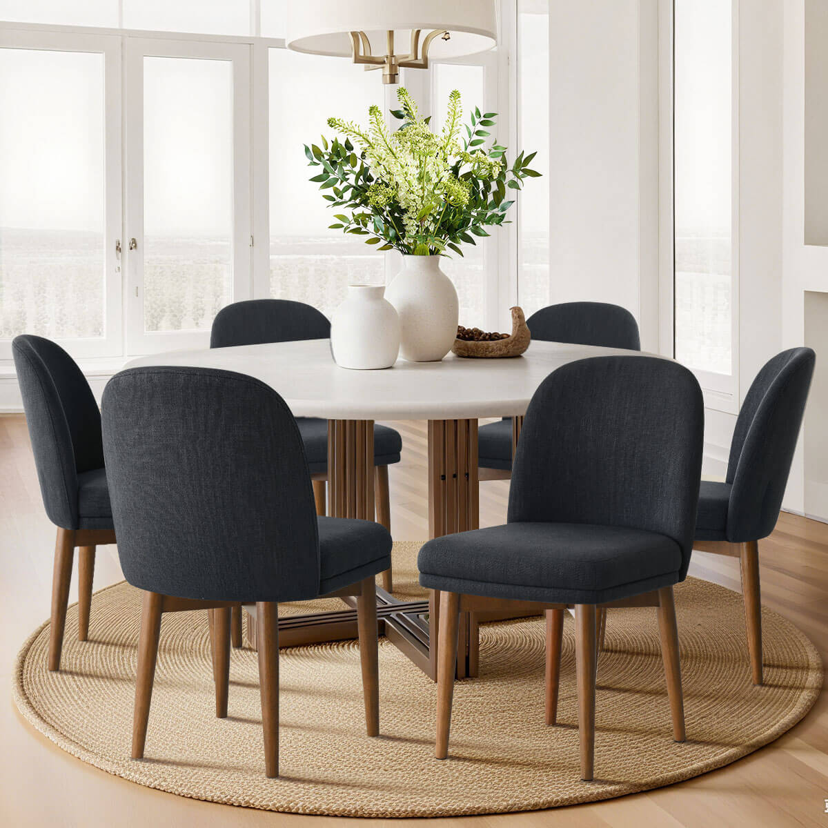 Athena Linen Upholstered Solid Wood Dining Chairs (Set of 6)