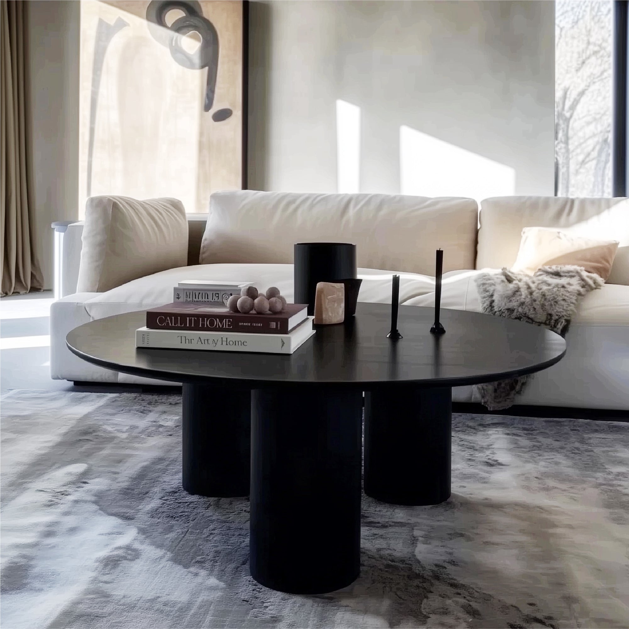Baguette 40" Modern Black Oak Wood 3-Leg Round Coffee Table