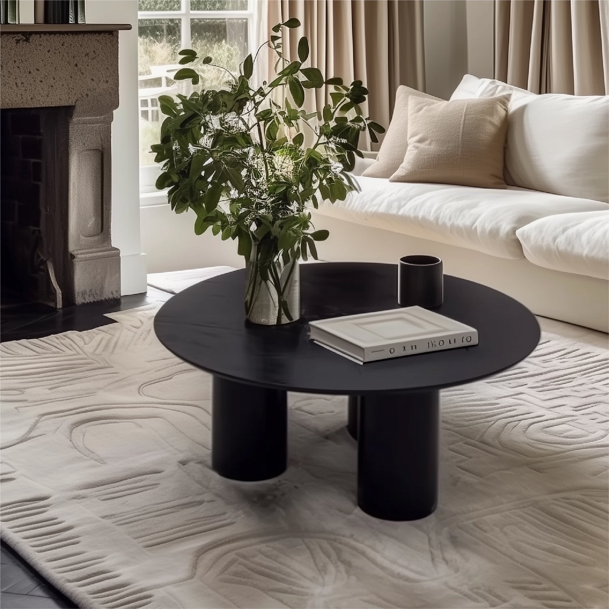 Baguette 40" Modern Black Oak Wood 3-Leg Round Coffee Table