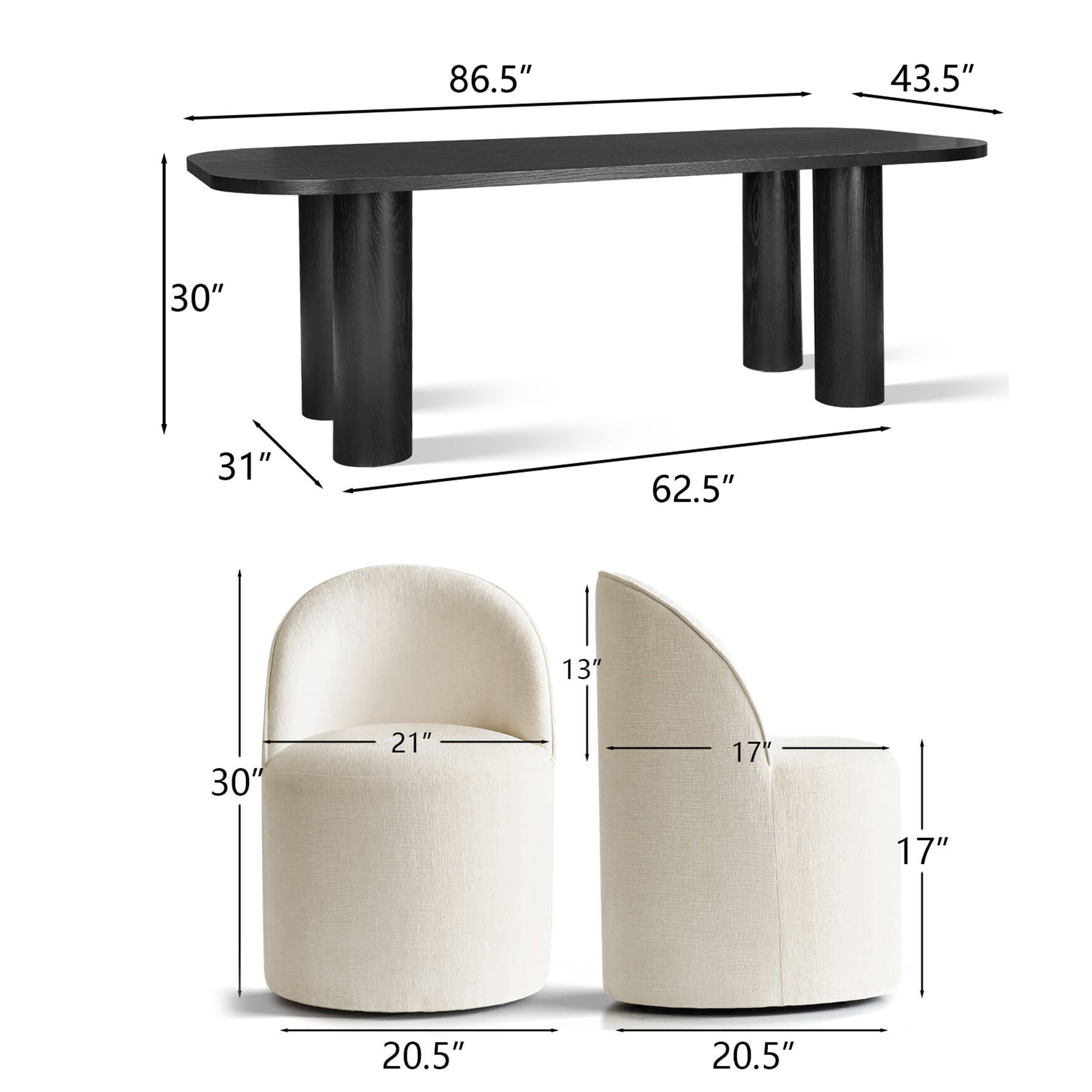 Baguette & Doris 86.5" Black Rectangle Dining Table Set for 8 (9-Piece)