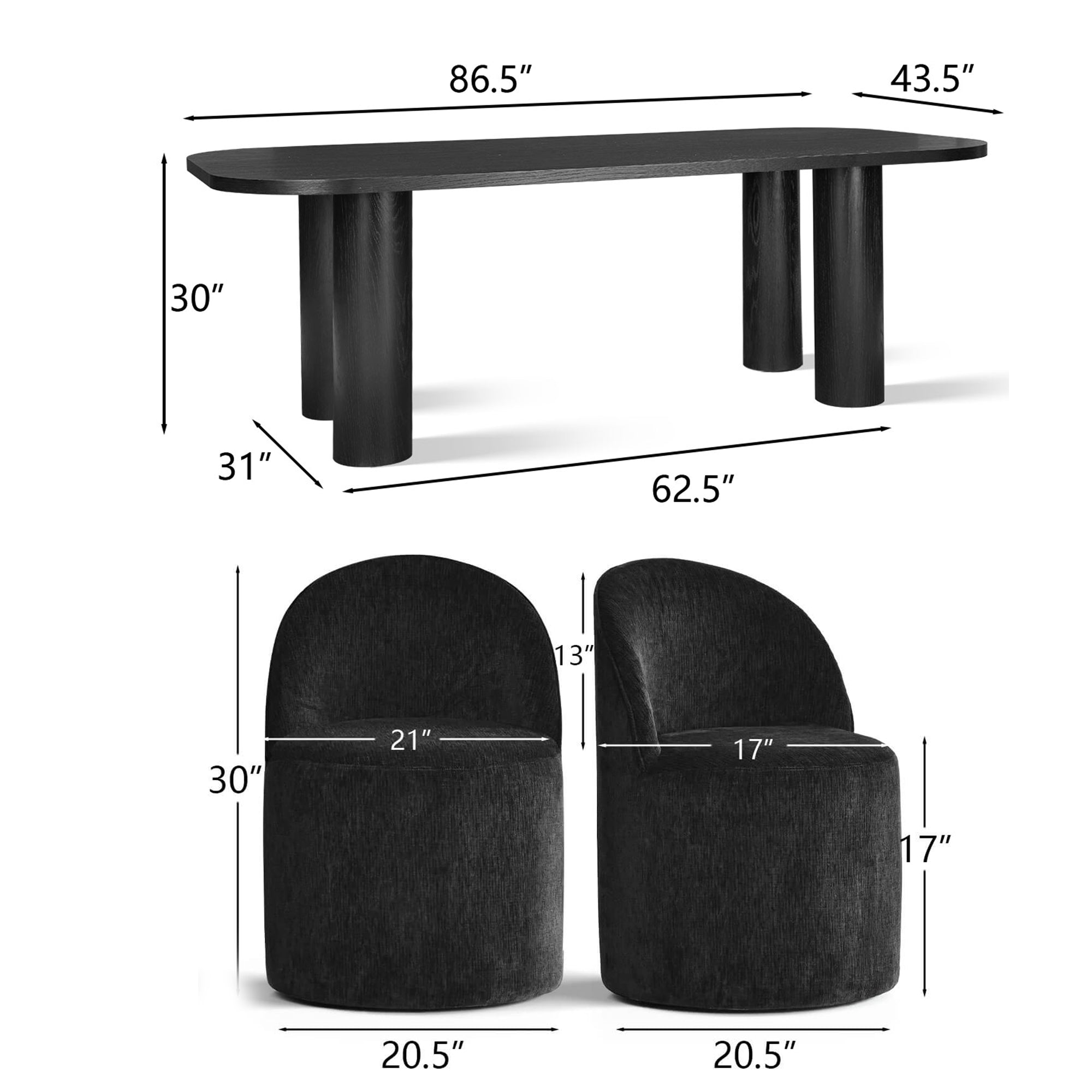 Baguette & Doris 86.5" Black Rectangle Dining Table Set for 8 (9-Piece)