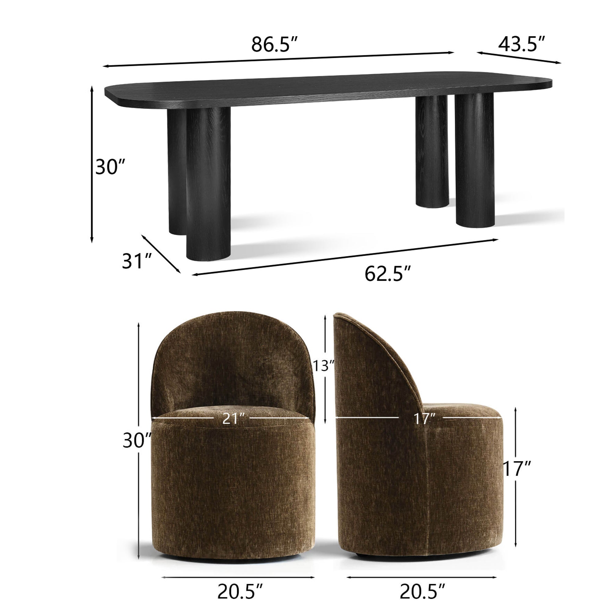 Baguette & Doris 86.5" Black Rectangle Dining Table Set for 8 (9-Piece)