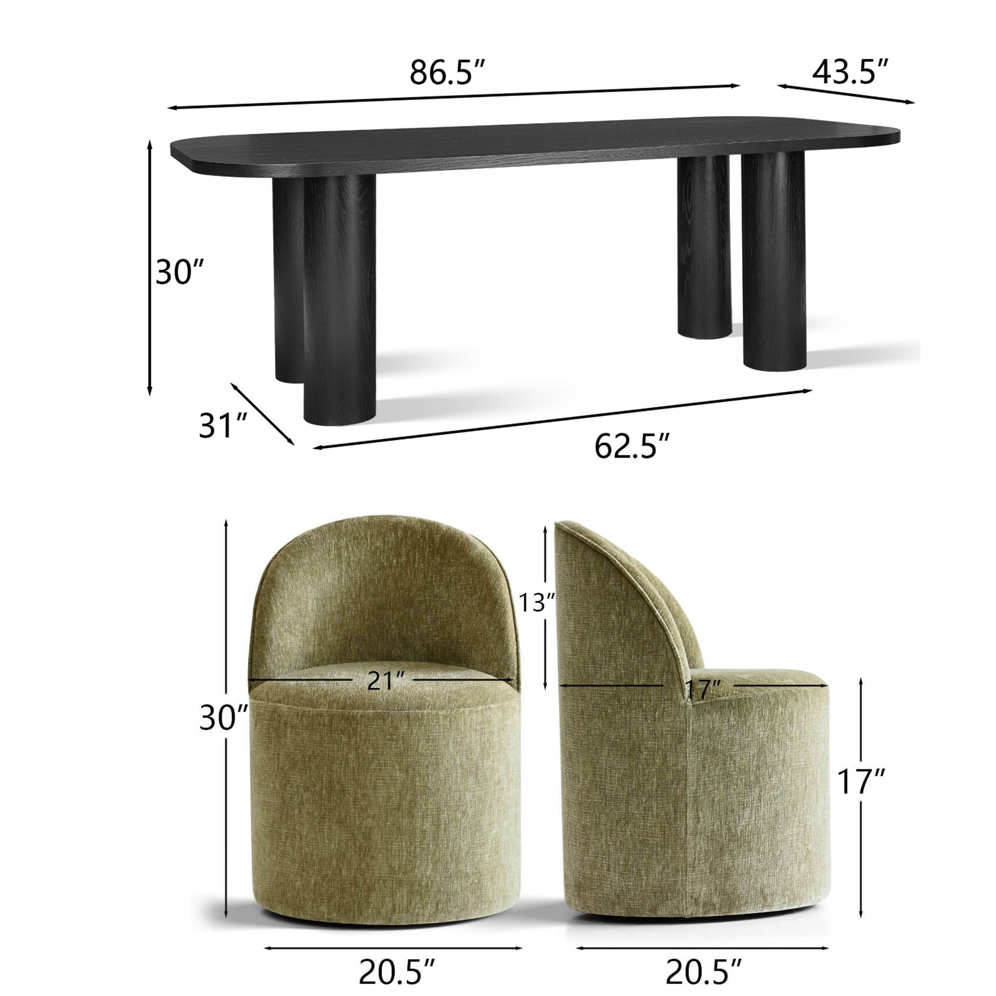 Baguette & Doris 86.5" Black Rectangle Dining Table Set for 8 (9-Piece)