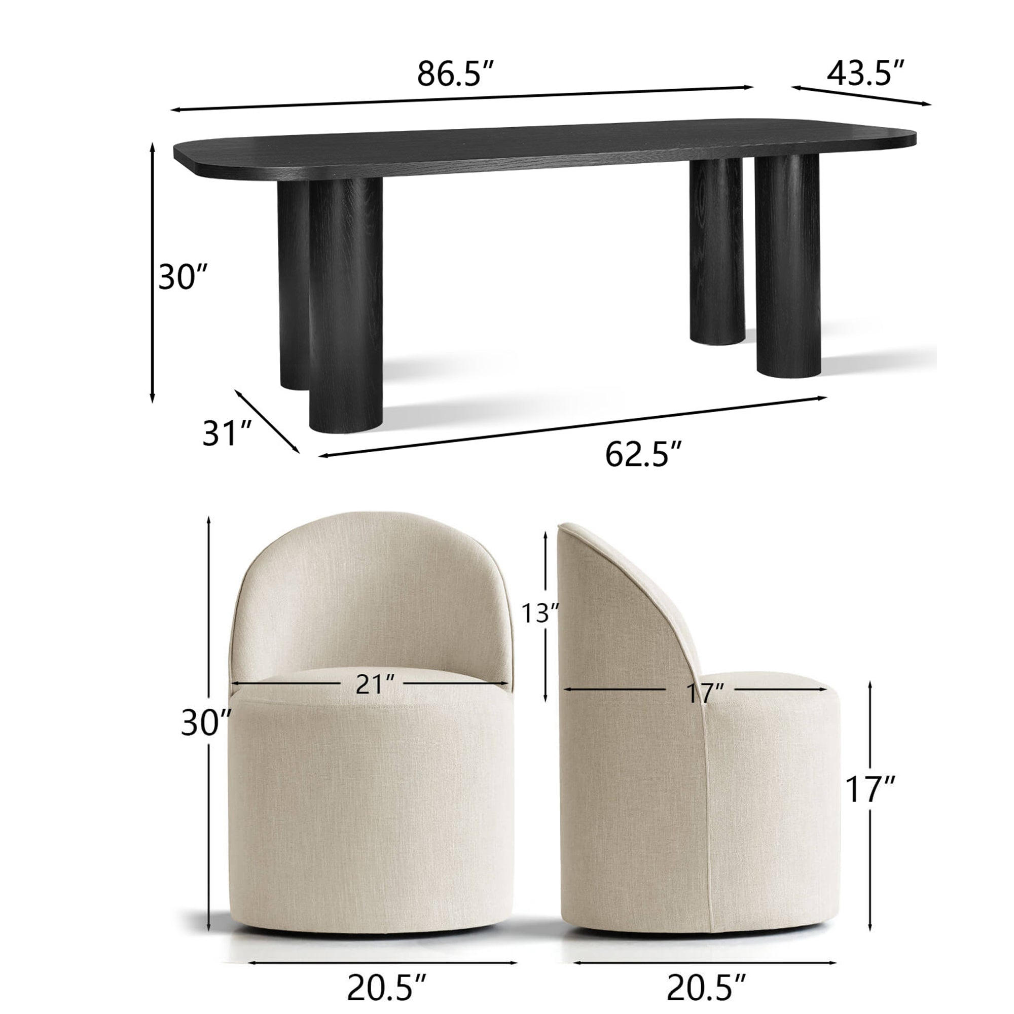 Baguette & Doris 86.5" Black Rectangle Dining Table Set for 8 (9-Piece)