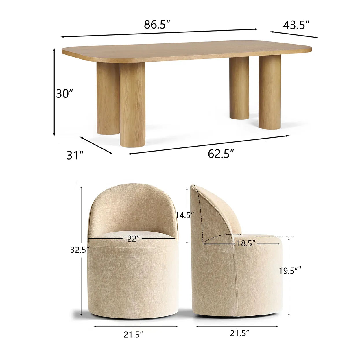 Baguette & Doris 86.5" Natural Rectangle Dining Table Set for 8 (9-Piece)