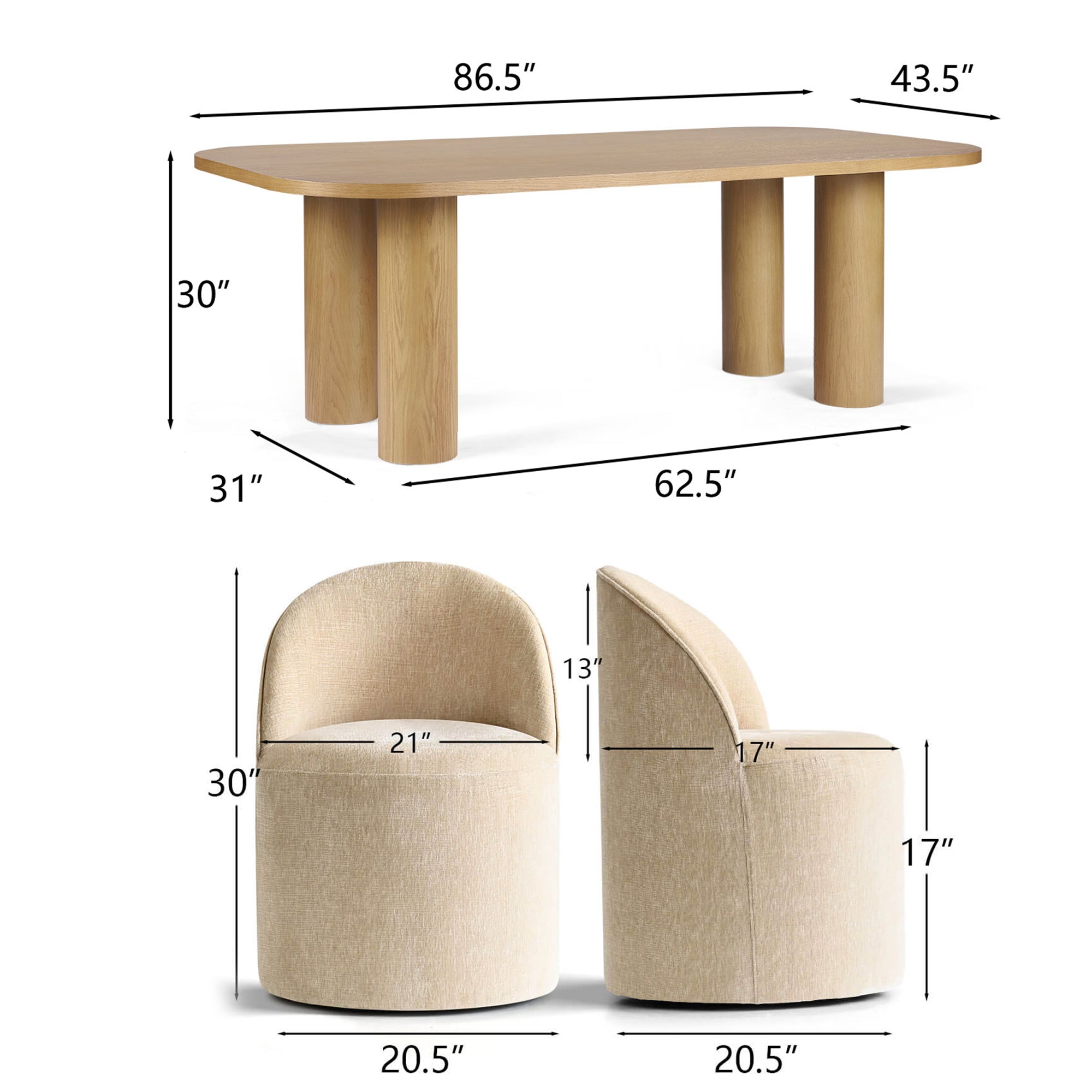 Baguette & Doris 86.5" Natural Rectangle Dining Table Set for 8 (9-Piece)