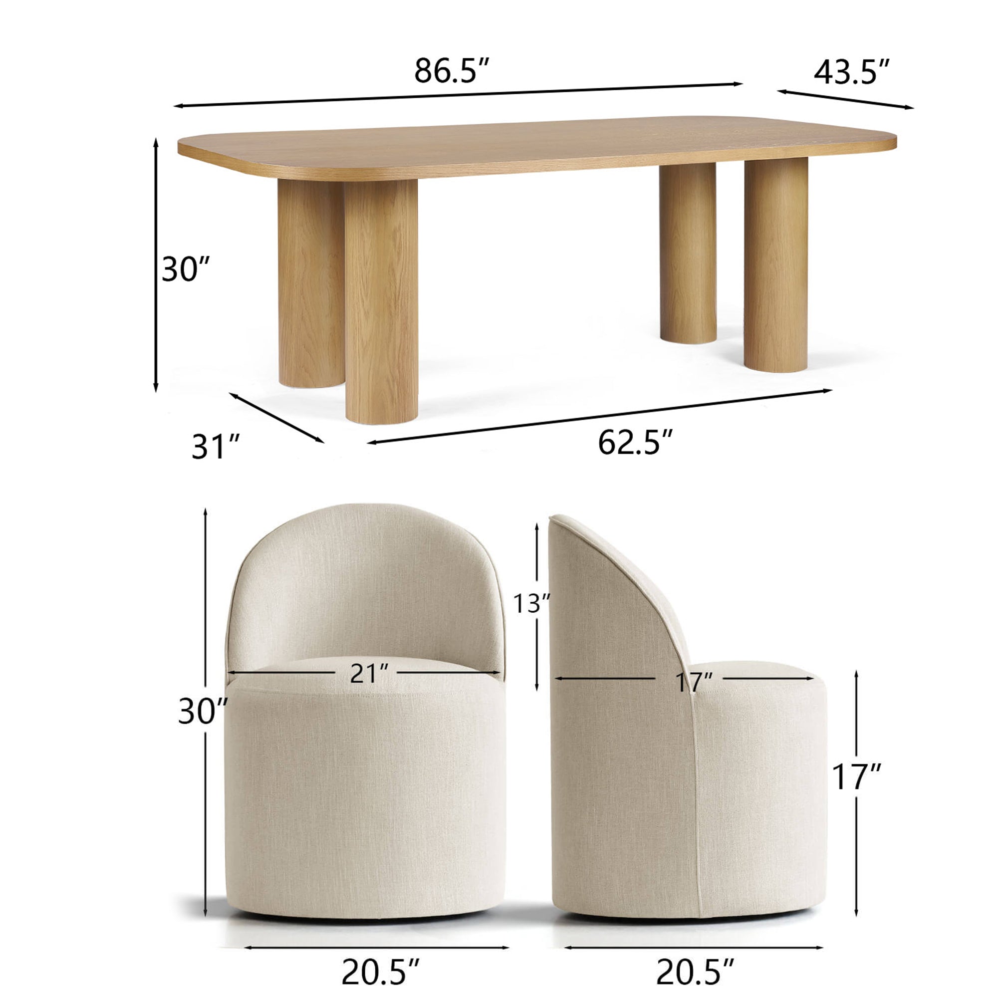 Baguette & Doris 86.5" Natural Rectangle Dining Table Set for 8 (9-Piece)