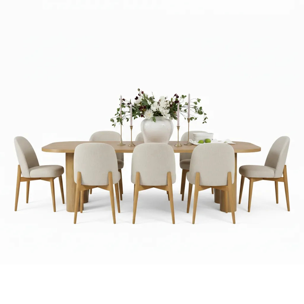 Baguette & Havana 86.5″ Rectangular Solid Oak Dining Table Set for 8 (9-Piece)