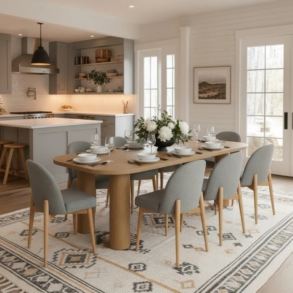 Baguette & Havana 86.5″ Rectangular Solid Oak Dining Table Set for 8 (9-Piece)