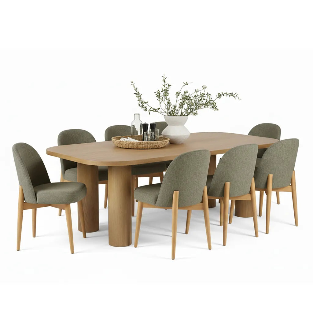 Baguette & Havana 86.5″ Rectangular Solid Oak Dining Table Set for 8 (9-Piece)