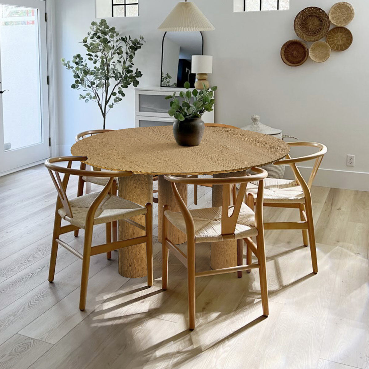 Baguette 52" Modern Oak Wood 3-Leg Round Dining Table