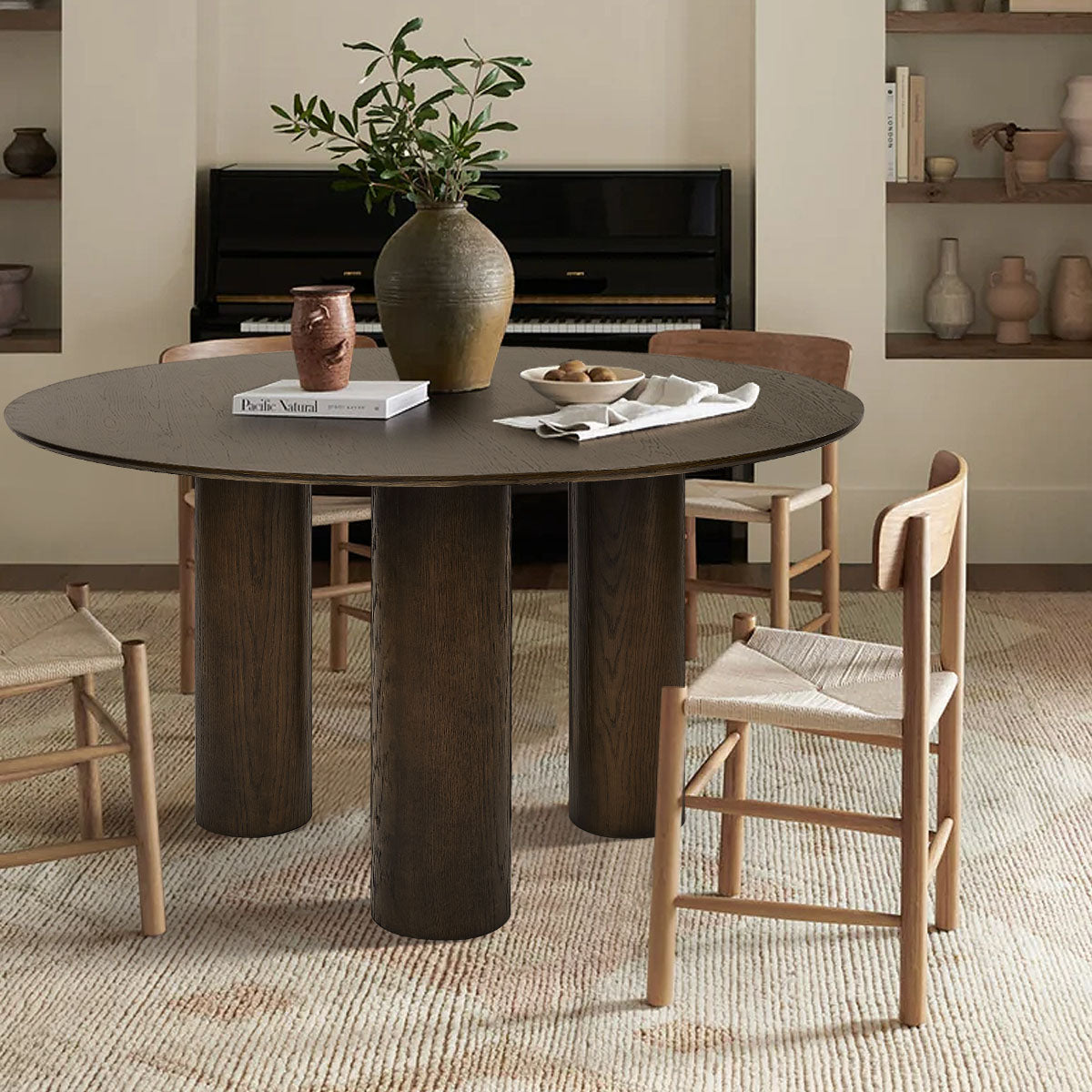 Baguette 52" Modern Oak Wood 3-Leg Round Dining Table