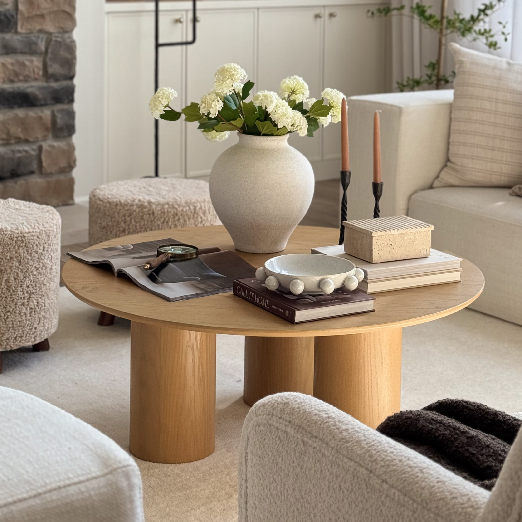 Baguette 40" Modern Black Oak Wood 3-Leg Round Coffee Table