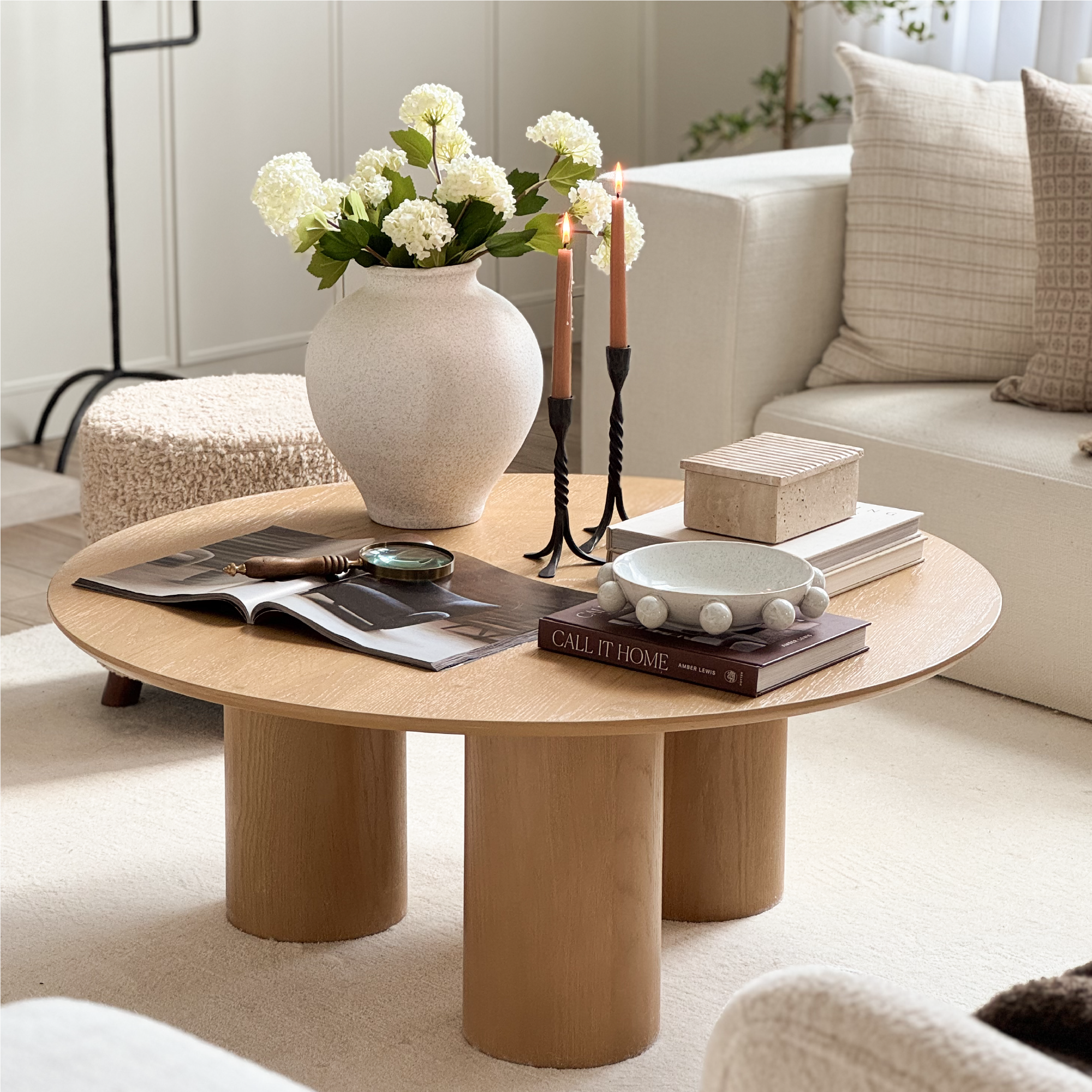 Baguette 40" Modern Black Oak Wood 3-Leg Round Coffee Table