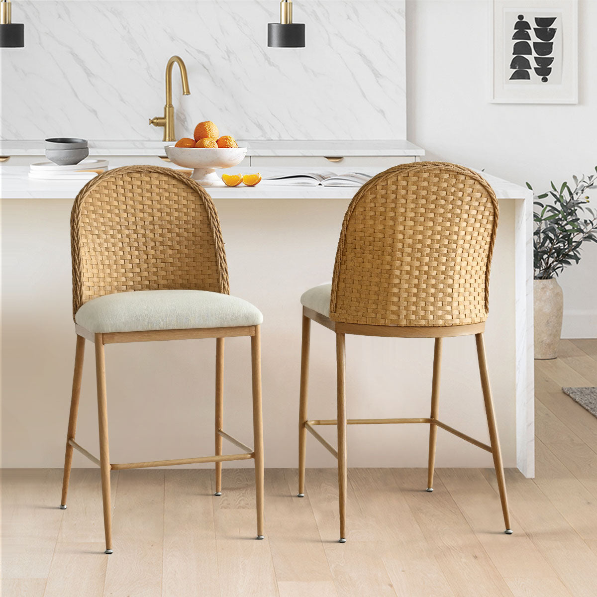 Barcelona 25.5" Beige Rattan Upholstered Counter Stool (Set of 4)