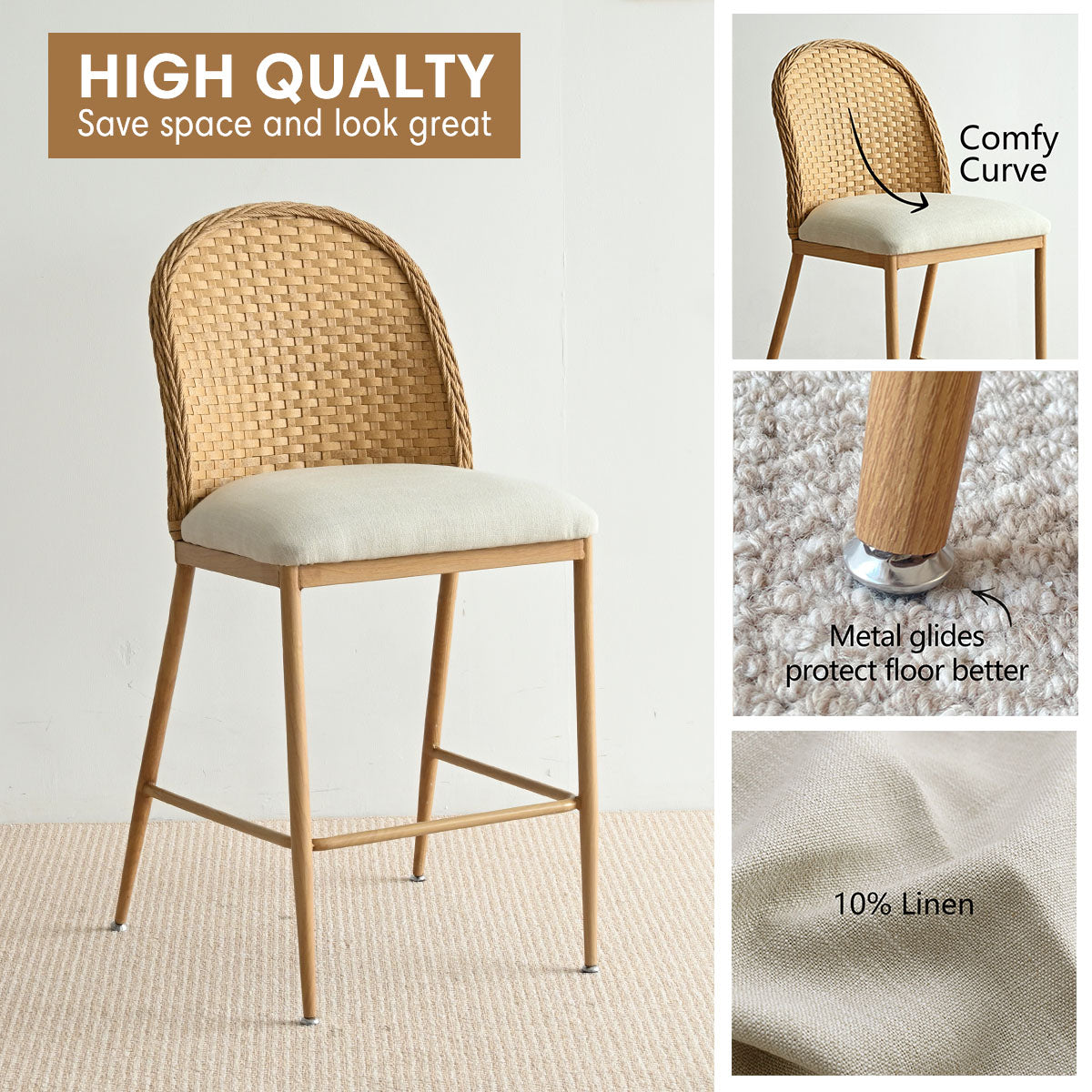 Barcelona 25.5" Beige Rattan Upholstered Counter Stool (Set of 4)