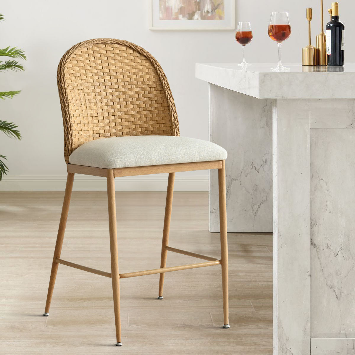 Barcelona 25.5" Beige Rattan Upholstered Counter Stool (Set of 4)