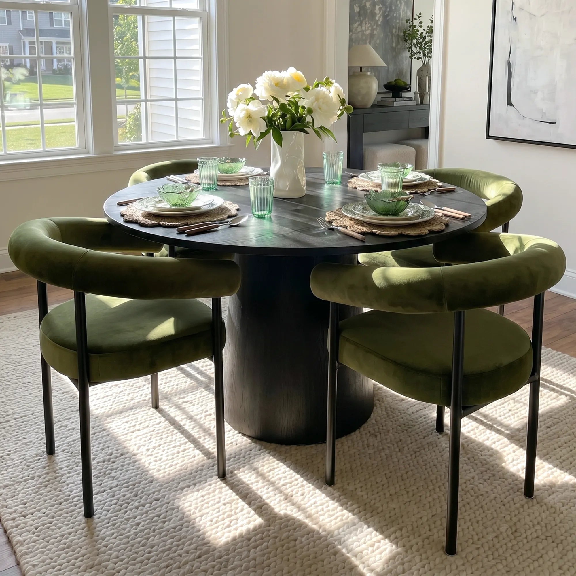 Dwen & New York 46" Round Black & Velvet Dining Table Set for 4 (5-Piece)