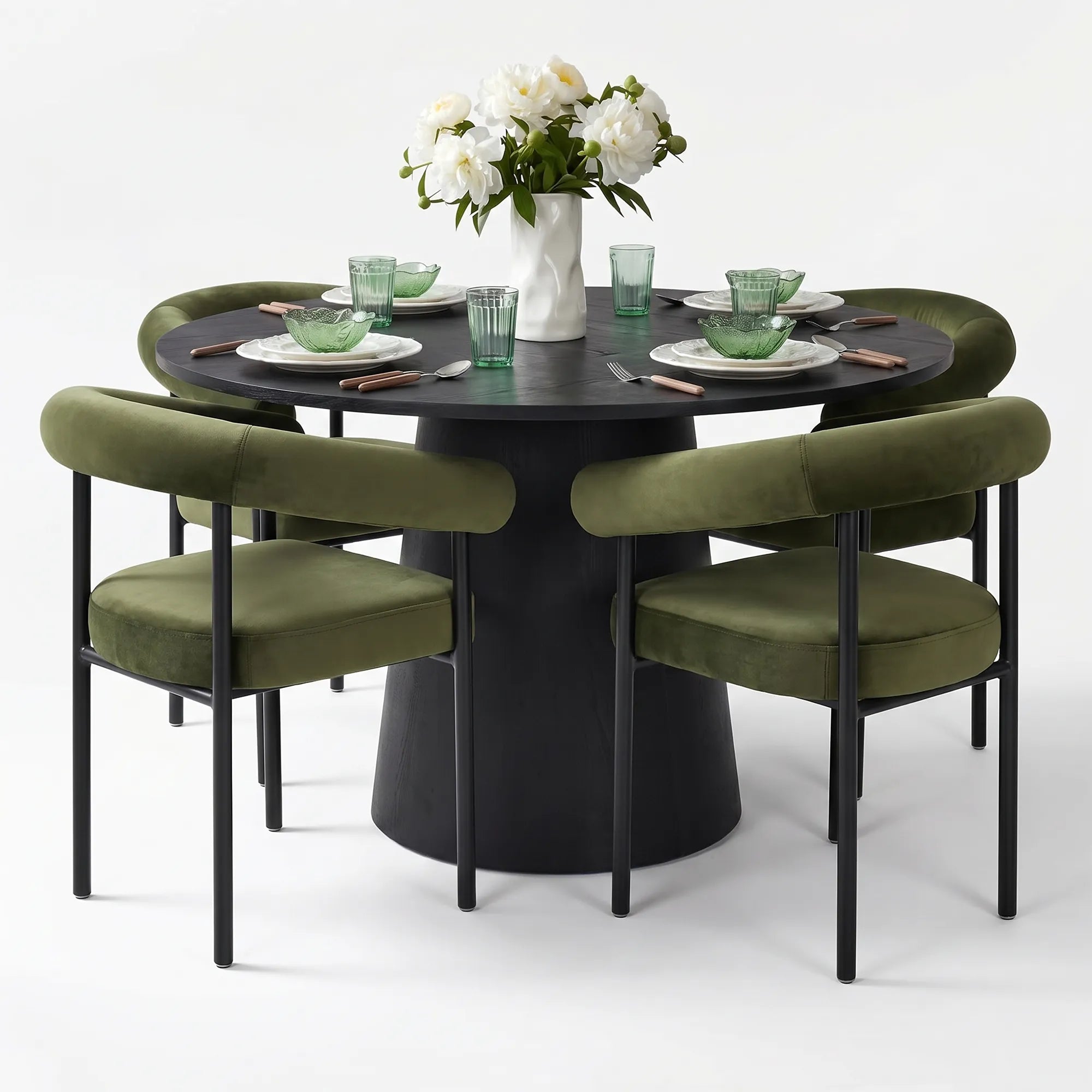 Dwen & New York 46" Round Black & Velvet Dining Table Set for 4 (5-Piece)