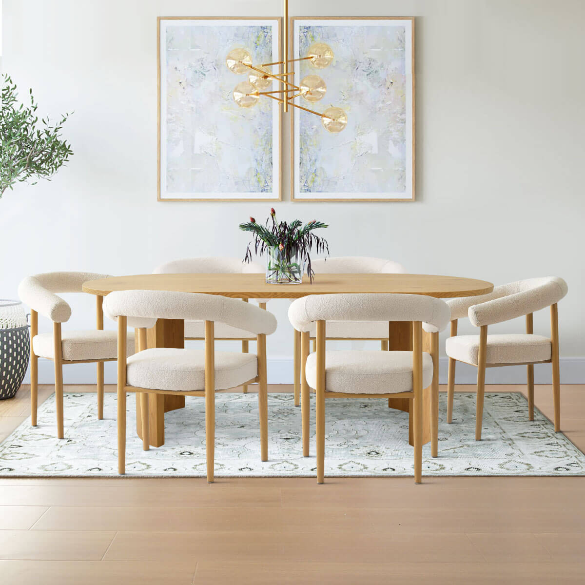 Dwen & Melbourne 79" Oval & Boucle Dining Table Set for 6 (7-Piece)