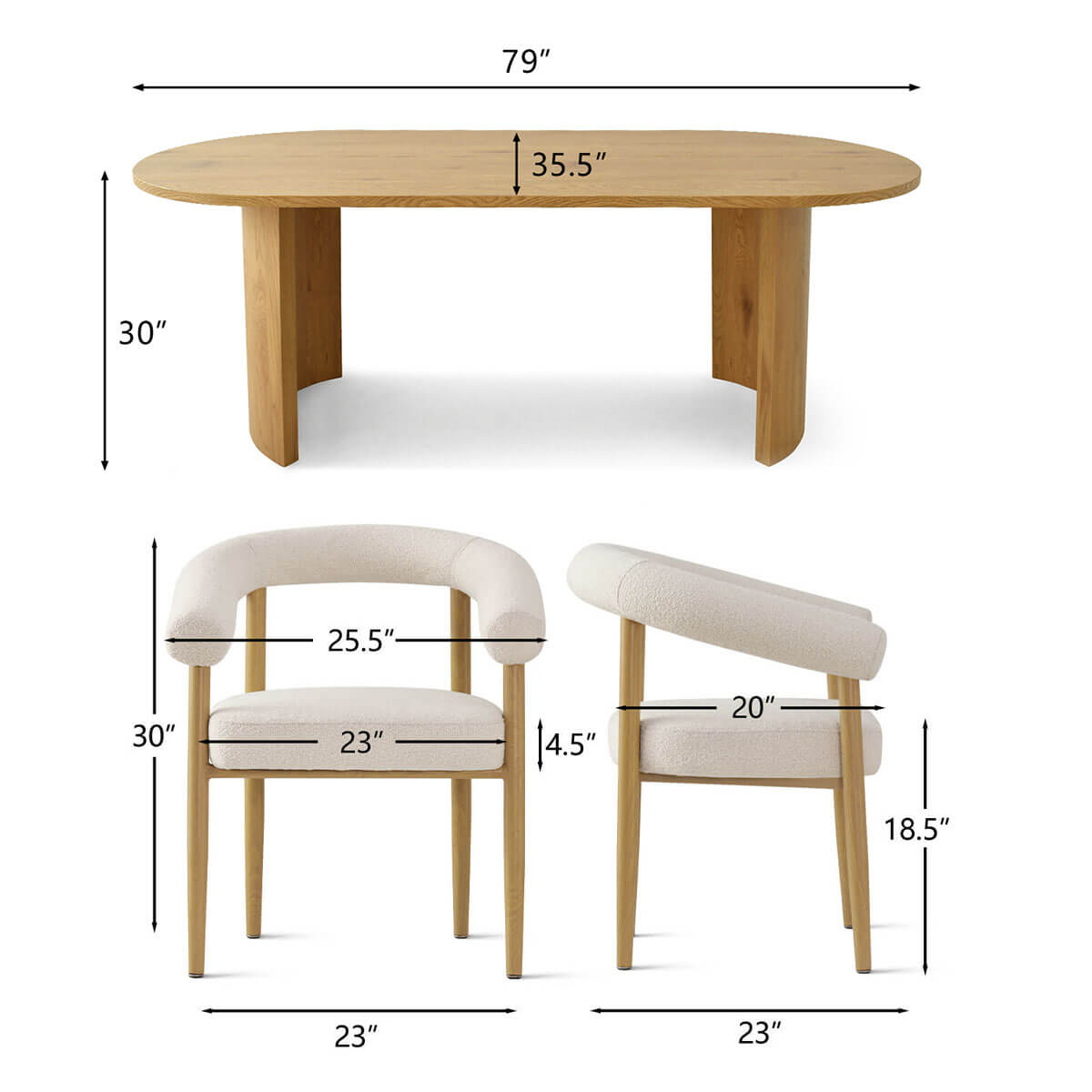 Dwen & Melbourne 79" Oval & Boucle Dining Table Set for 6 (7-Piece)