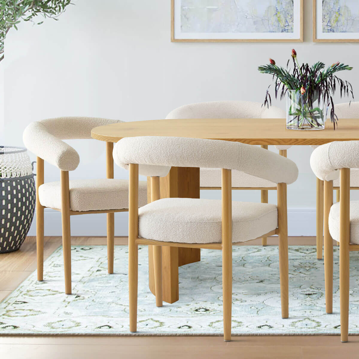 Dwen & Melbourne 79" Oval & Boucle Dining Table Set for 6 (7-Piece)