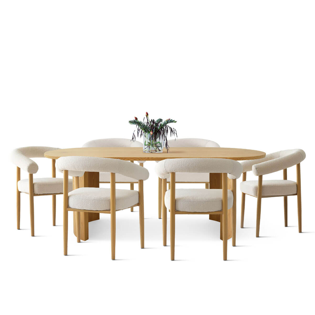 Dwen & Melbourne 79" Oval & Boucle Dining Table Set for 6 (7-Piece)