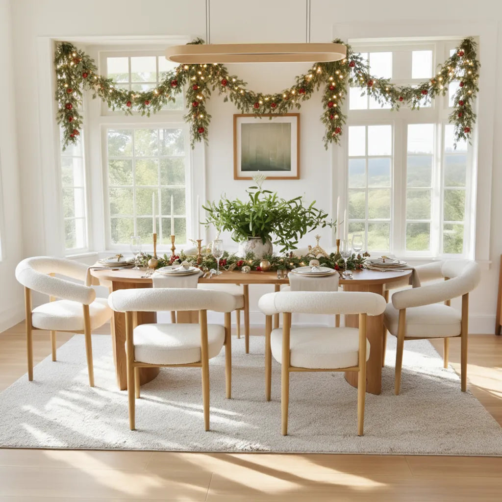 Dwen & Melbourne 79" Oval & Boucle Dining Table Set for 6 (7-Piece)