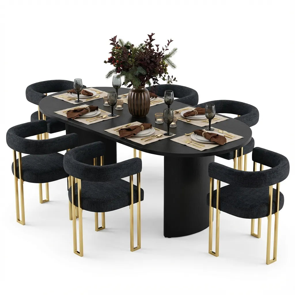 Dwen & Mia 79" Oval Chenille Dining Table Set for 6 (7-Piece)