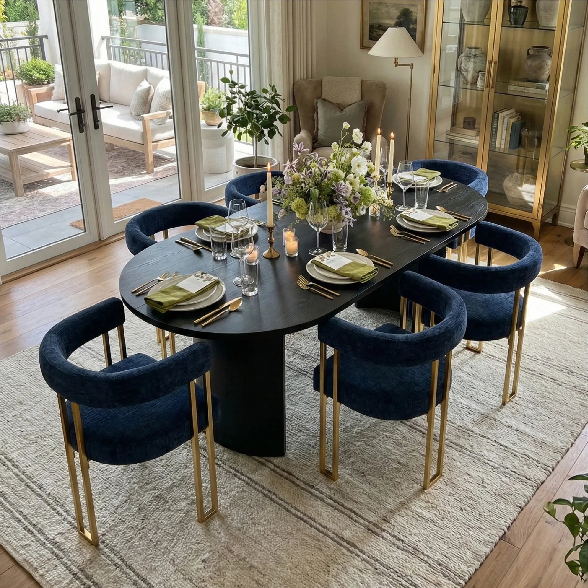 Dwen & Mia 79" Oval Chenille Dining Table Set for 6 (7-Piece)