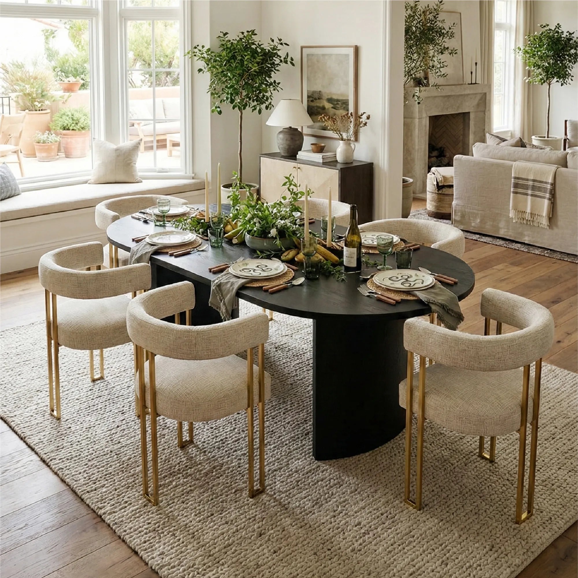 Dwen & Mia 79" Oval Chenille Dining Table Set for 6 (7-Piece)