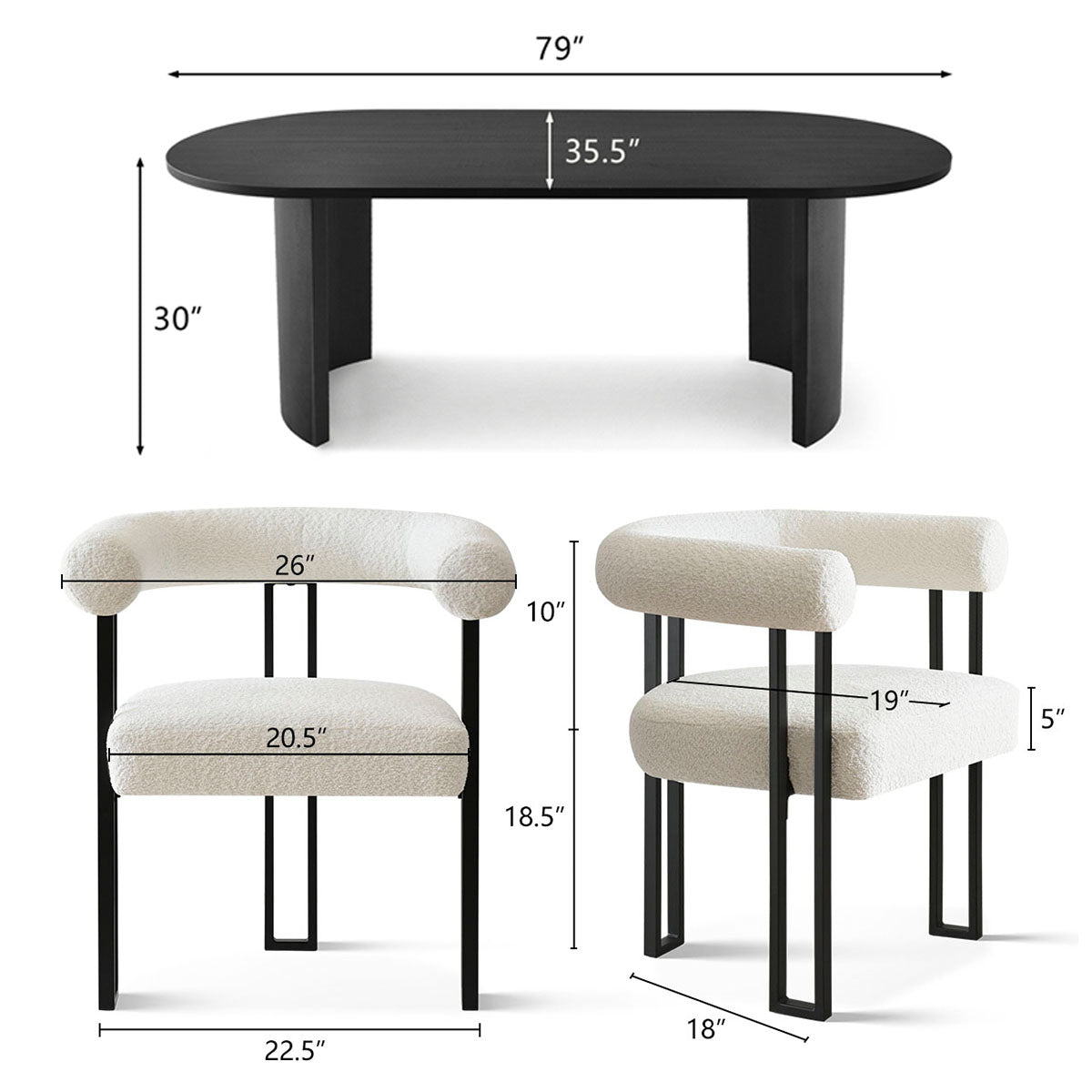 Dwen & Rola 79" Boucle Oval Dining Table Set for 6 (7-Piece)