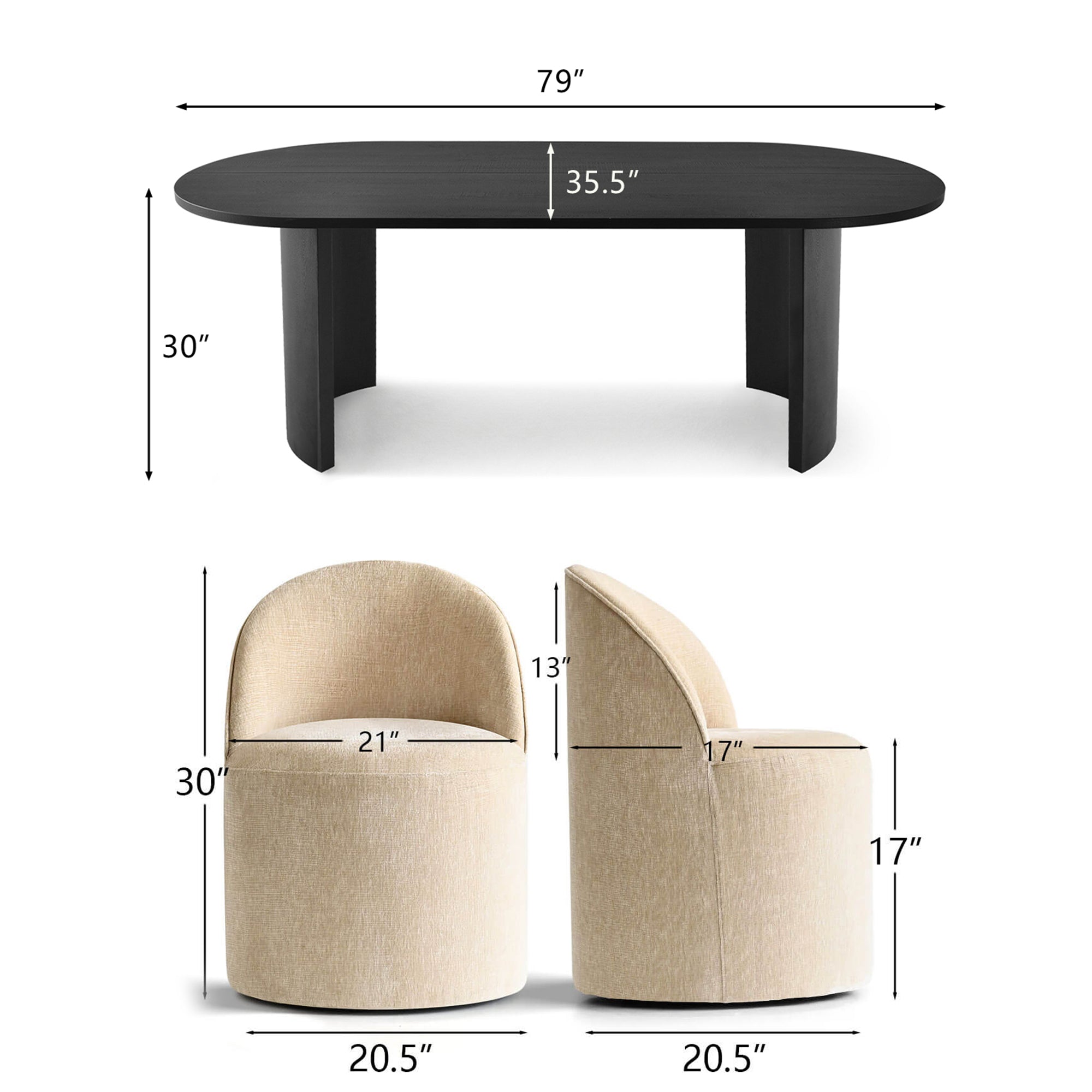 Dwen & Doris 79" Black Oval Dining Table Set for 6 (7-Piece)