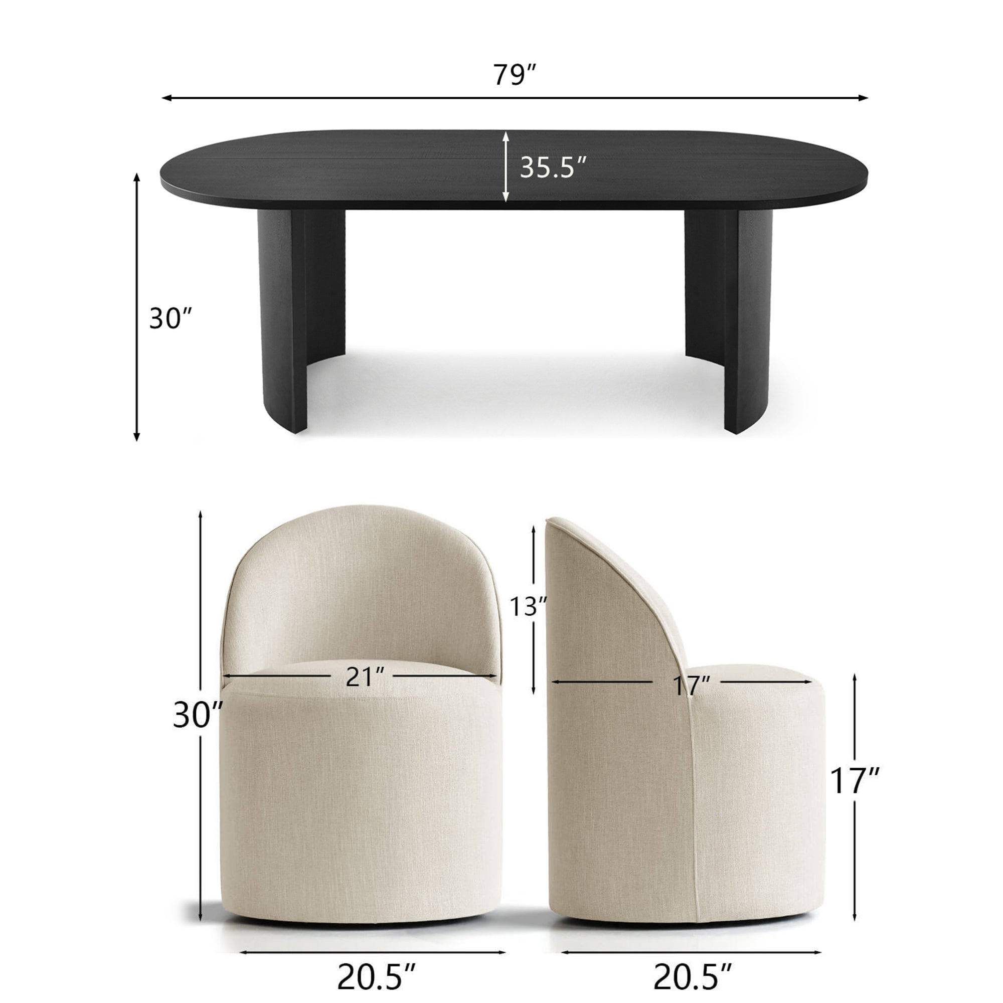 Dwen & Doris 79" Black Oval Dining Table Set for 6 (7-Piece)