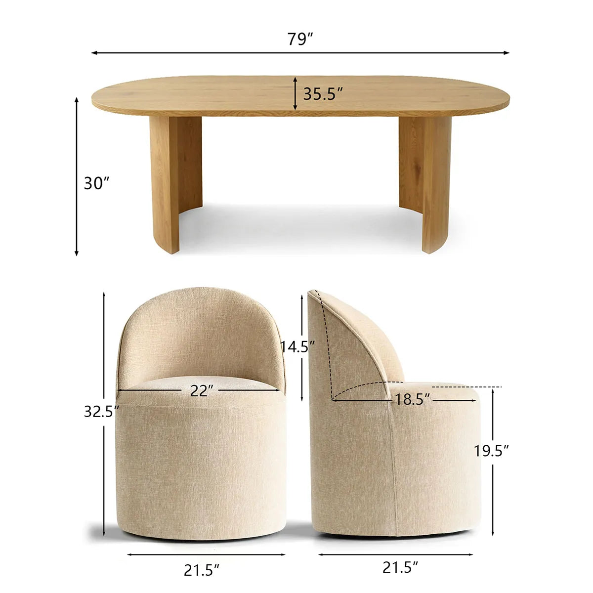 Dwen & Doris 79" Natural Oval Dining Table Set for 6 (7-Piece)